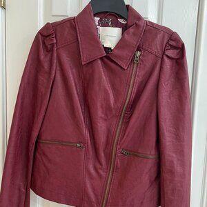 Anthropologie Burgundy Wine Petula Faux Leather Puff Sleeve Moto Jacket - Size M